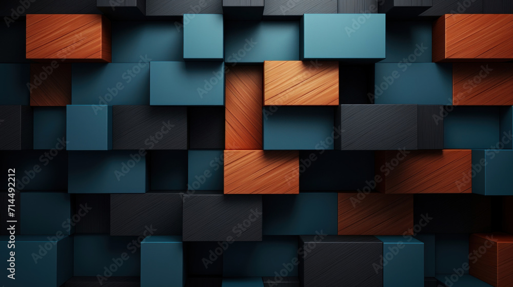 Poster abstract pattern of blue cubes with a contrasting wooden textured cube in a 3d illustration style.