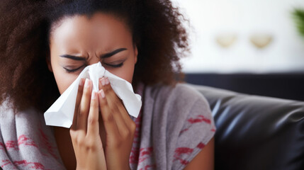 A young woman caught in a moment of illness, using a tissue to sneeze, highlighting the need for cold remedies.
