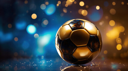 Naklejka premium A golden soccer ball illuminated by bokeh light effects on a dazzling blue backdrop, symbolizing excitement and energy.