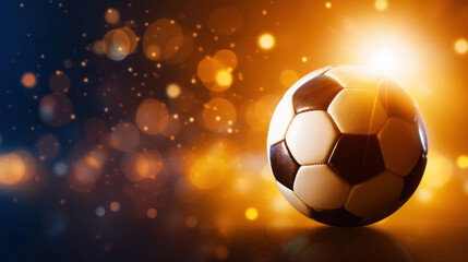 Naklejka premium A classic black and white soccer ball under a spotlight with golden bokeh lights, symbolizing sports celebration and excitement.