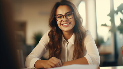 A cheerful young professional woman wearing glasses, smiling while working at her desk in a bright office.