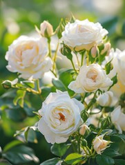 Obraz na płótnie Canvas Beautiful blooming white roses on bush outdoors, closeup
