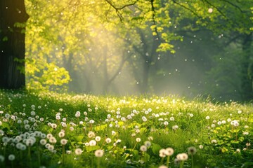 Obraz premium Park with dandelions, green grass, trees and flowers. Spring nature scene.