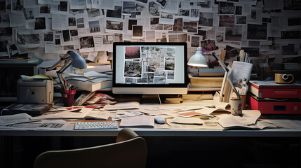editorial designer desk with publication layout