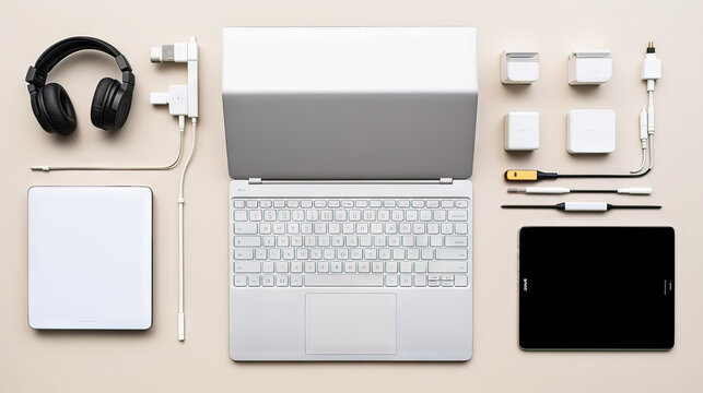 Flat lay photo of Office table with laptop computer, notebook, digital tablet, mobile phone, Pencil, eyeglasses on modern two tone (white and grey) background. Desktop office mockup concept.