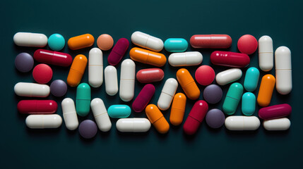 A variety of multicolored pharmaceutical pills and capsules laid out on a dark green surface, depicting healthcare and medication.