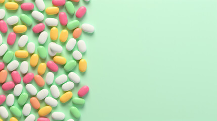 A scattering of pastel-colored pills on a refreshing mint green backdrop, creating a calm and soothing pharmaceutical presentation.