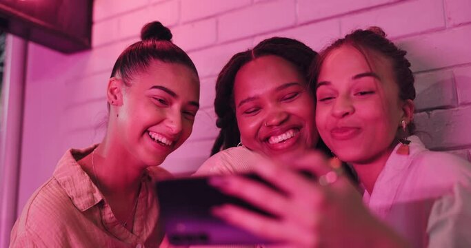Women, selfie and friends are happy at night for social media post, influencer group in city with memory and kiss face. Smile in picture, urban and pouting with live streaming, fun and friendship