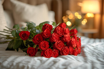 Fototapeta premium Romantic Elegance: Bouquet of Red Roses Adorns a Bed in a Well-Decorated Room