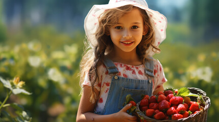 little girl picking strawberries,generate ai