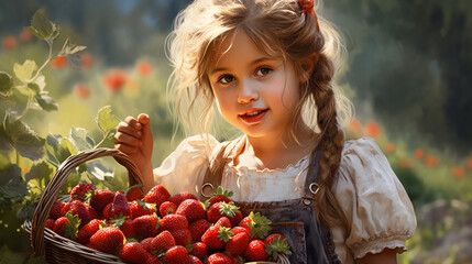 little girl picking strawberries,generate ai