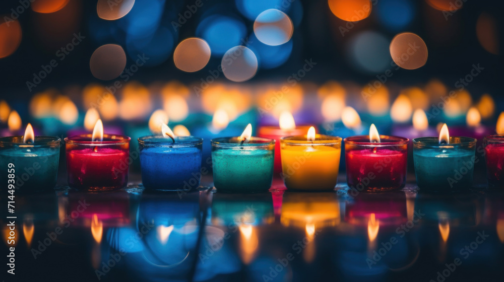 Poster a serene scene of lit colorful candles with a soothing bokeh light background, creating a tranquil a