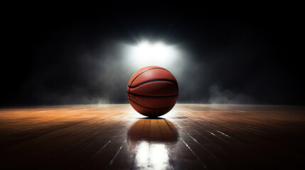 A basketball centered on a wooden court under a dramatic spotlight, evoking anticipation and focus in sports.