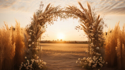 A romantic rustic wedding arch decorated with white flowers stands in a field, basking in the warm glow of sunset.