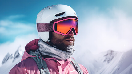 Close-Up Portrait of a Male Skier Wearing Goggles in a Snowy Mountain Range During Winter