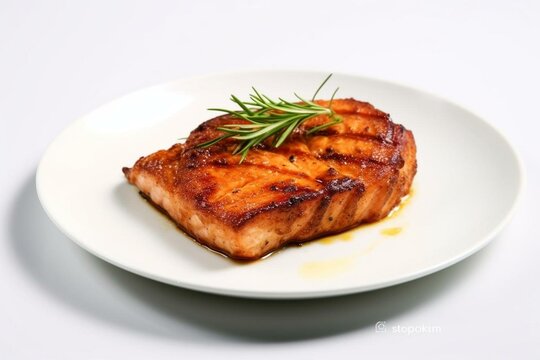 Fried salmon steak on white plate against light background. Generative AI