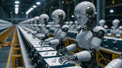 Robots artificial intelligence, which are office workers, are working on the production line. with robots as products.