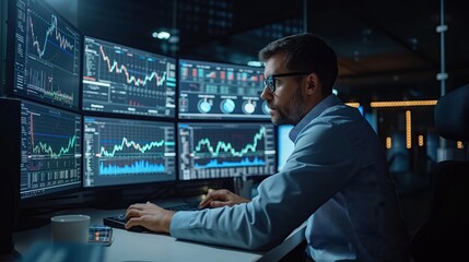 Fototapeta premium Financial Analyst Working on Computer with Multi-Monitor Workstation with Real-Time Stocks, Commodities and Exchange Market Charts. 