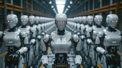 Fototapeta premium Robots artificial intelligence, which are office workers, are working on the production line. with robots as products.