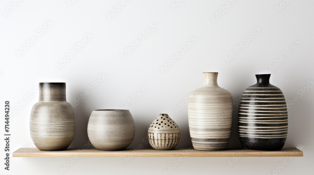 Aufkleber a collection of monochrome ceramic vases in varying textures and patterns displayed on a minimalist 