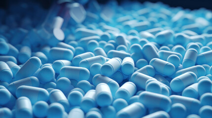 Countless blue capsules scattered, creating a backdrop suggestive of pharmaceutical production or medical research.