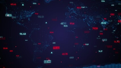 Digital world map with digital indicators, stock indices, stock market. Data processing on world map background. Concept of stock market crypto currency, stock market price changes and world economy.  - Powered by Adobe