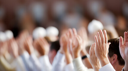 A blurred background with multiple raised hands wearing white gloves, representing participation or voting in a medical or scientific conference.