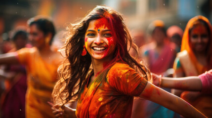 A joyful woman covered in vibrant colors celebrating Holi festival, surrounded by a crowd in a blurred background, exuding happiness and festivity.