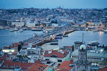 Evening View of the Galata bridge and Ottoman istanbul as seen from the top of Galata Tower in Istanbul, Turkey