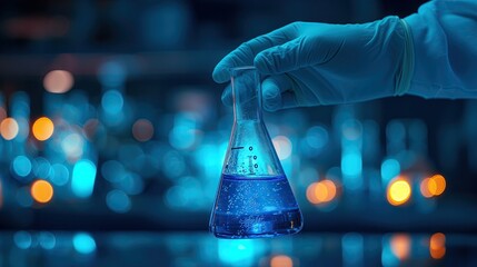 hand of scientist with test tube and flask in medical chemistry lab blue banner background.


 - obrazy, fototapety, plakaty