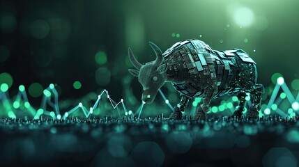 Bull robot. market trading Up trend of graph green background rising price.

 - obrazy, fototapety, plakaty