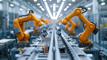 Mechanized industry robot and robotic arms for assembly in factory production. Concept of artificial intelligence for industrial revolution and automation manufacturing process.