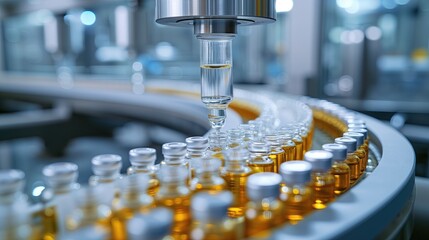 Medical Ampoule Production Line at Modern Modern Pharmaceutical Factory. Glass Ampoules are being Filled. Medication Manufacturing Process.