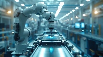 Mechanized industry robot and robotic arms for assembly in factory production. Concept of artificial intelligence for industrial revolution and automation manufacturing process. - obrazy, fototapety, plakaty