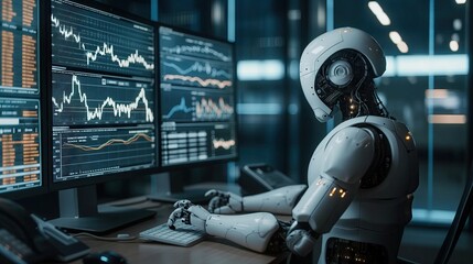 robot artificial intelligence successful business. Dressed suit and tie in the room with graph chart finance hologram floating in front.