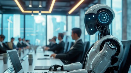 robot artificial intelligence successful businessman. sit Dressed suit and tie in the room office. - obrazy, fototapety, plakaty