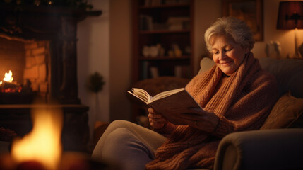 An elderly woman enjoys reading a book, wrapped in a cozy blanket by the warmth of a glowing fireplace in a comfortable home setting. - obrazy, fototapety, plakaty