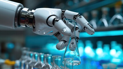 robot hand of scientist with test tube and flask in medical chemistry lab blue banner background. - obrazy, fototapety, plakaty