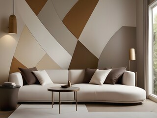 Contemporary Living Room with Elegant Sofa and Geometric Wall Design