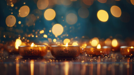 The warm golden glow of candlelight creates a tranquil ambience, complemented by a soft bokeh effect in the background.