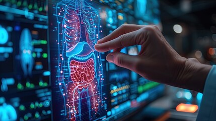 The doctor touching the patient digestive system hologram. - obrazy, fototapety, plakaty