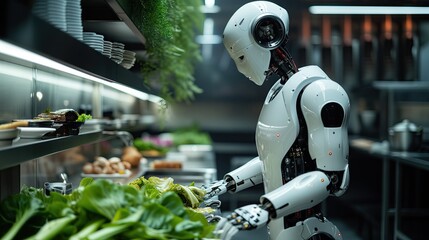 The robot artificial intelligence chef is cooking in the kitchen. - obrazy, fototapety, plakaty