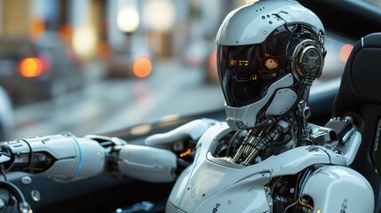 Fototapeta premium The robot artificial intelligence is the driver. Sitting behind the steering wheel of a car.
