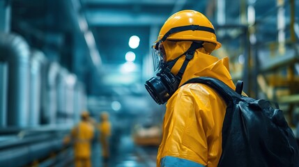 Toxic chemical gas leak safety team working cleaning in danger factory workshop environment contamination safety and protection. Ai generate