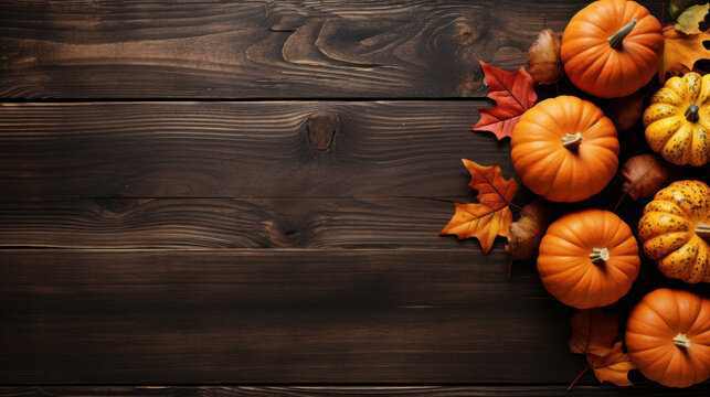 A seasonal display of orange pumpkins and scattered autumn leaves on a dark wooden backdrop, symbolizing fall harvest and Thanksgiving.