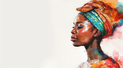Watercolor painting of an african girl in national colorful headscarf, black history month