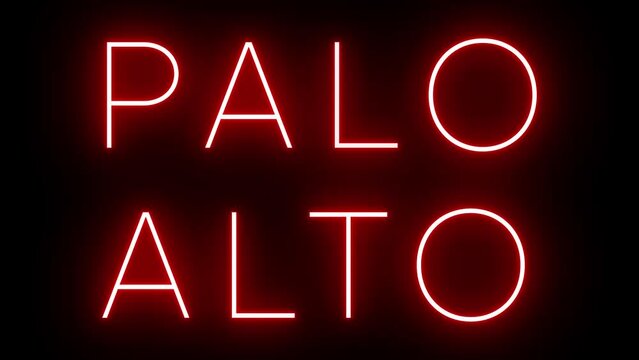 Flickering red retro style neon sign glowing against a black background for PALO ALTO