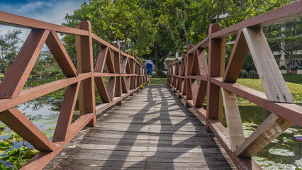A plank pedestrian bridge with wooden railings spans the river. A man walks away across a green lawn.  Water lilies bloom on the water. A house among the green vegetation in the distance. Malaysia. 