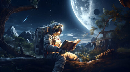 Astronaut reading a book seated on a lunar surface under a starlit sky, science fiction day concept