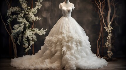A luxurious bridal gown on a mannequin in a sophisticated setting with city skyline backdrop